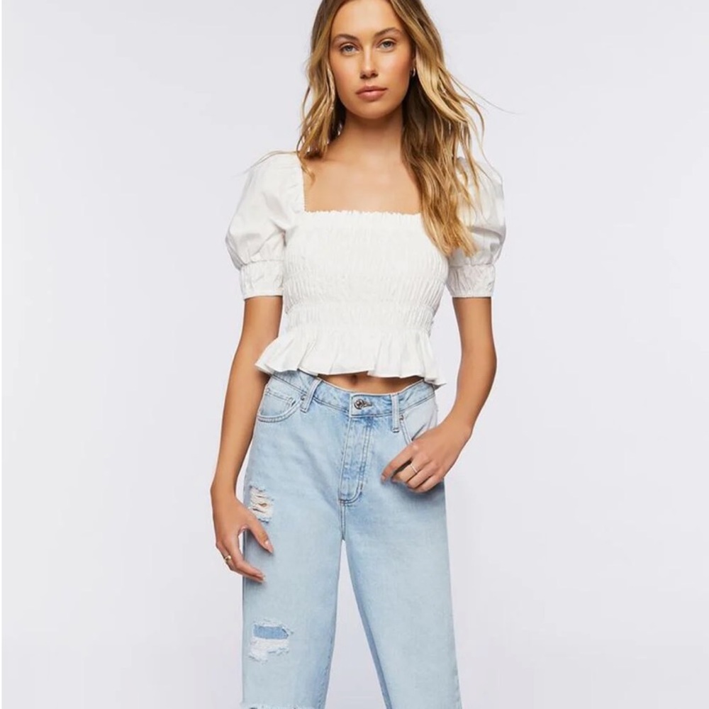 Forever 21 White Summer Cottage Balletcore Puff Sleeved Smocked Crop Top Blouse